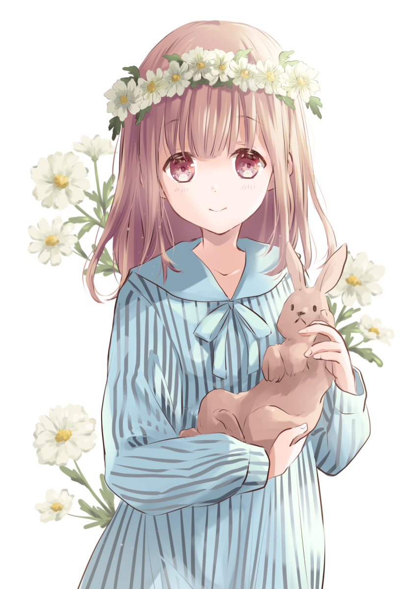 1girl animal arms_up bangs blue_dress brown_eyes commentary daisy dress eyebrows_visible_through_hair floral_background flower head_wreath highres holding holding_animal hoshiibara_mato light_brown_hair long_hair long_sleeves looking_at_viewer original rabbit simple_background smile solo standing striped upper_body vertical-striped_dress vertical_stripes white_background