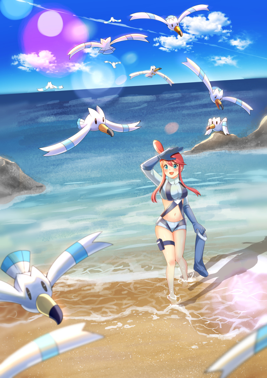 1girl :d arisu_(mikannjs) bangs barefoot beach belt bird blue_belt blue_eyes blue_footwear blue_gloves blue_jacket blue_shorts blue_sky blurry_foreground blush boots breasts clouds commentary cropped_jacket day elbow_gloves eyebrows_visible_through_hair flying footwear_removed from_above full_body fuuro_(pokemon) gen_3_pokemon gloves groin gym_leader hand_up highres holster horizon jacket knee_boots large_breasts lens_flare long_sleeves looking_up midriff navel ocean one_side_up open_mouth outdoors pilot_suit pokemon pokemon_(creature) pokemon_(game) pokemon_bw redhead rock sand seagull shadow short_shorts shorts sidelocks sky smile solo_focus swept_bangs thigh_holster wading water wingull