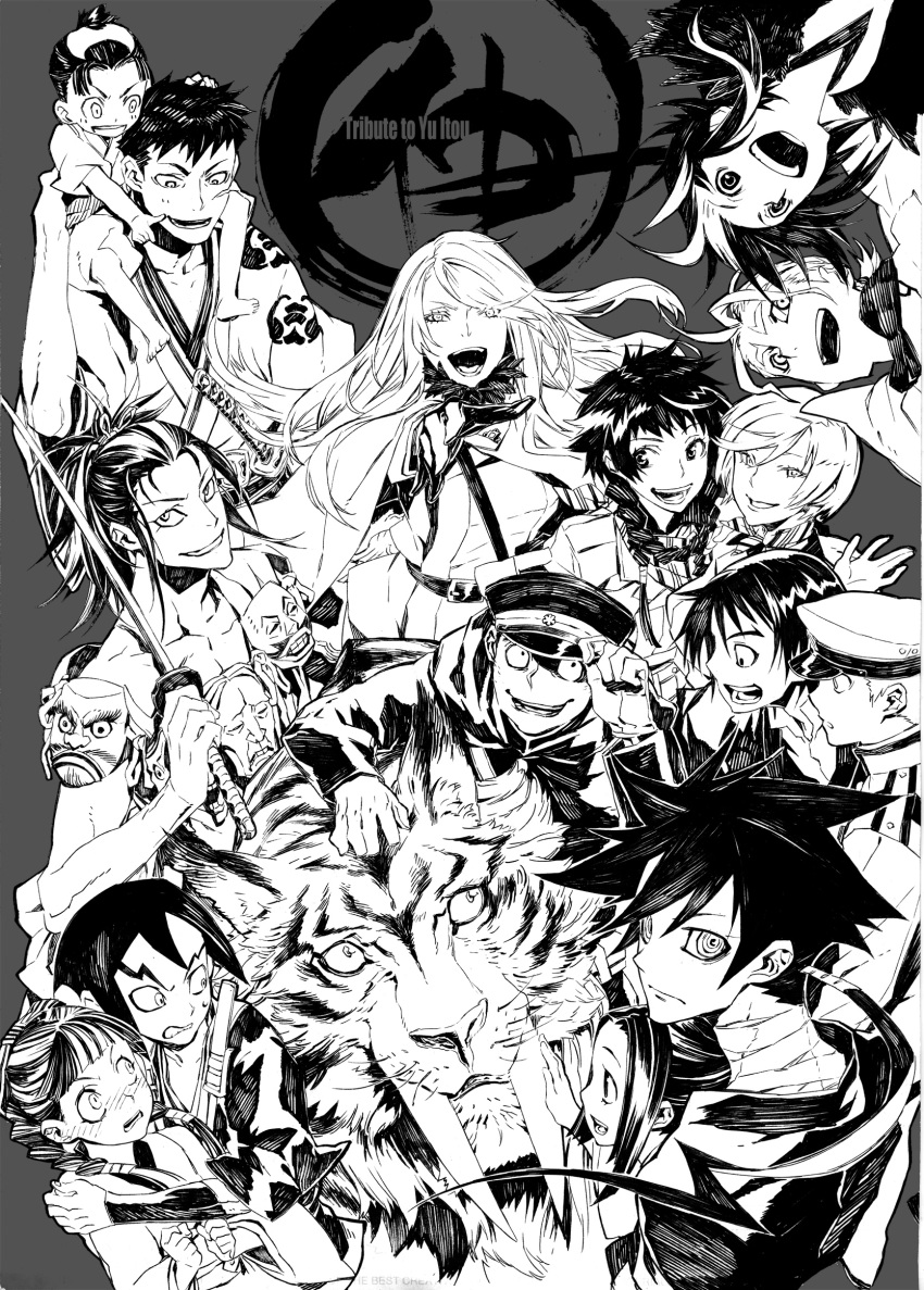 6+boys 6+girls carrying character_request chihaya_(koukoku_no_shugosha) copyright_request creator_connection greyscale highres itou_yuu japanese_clothes julia_werner_tsaritsyno_roshchina katana koukoku_no_shugosha military military_uniform miwa_shirou monochrome multiple_boys multiple_girls shinjou_naoe shoulder_carry shut_hell shut_hell_(character) sword tagme uniform weapon