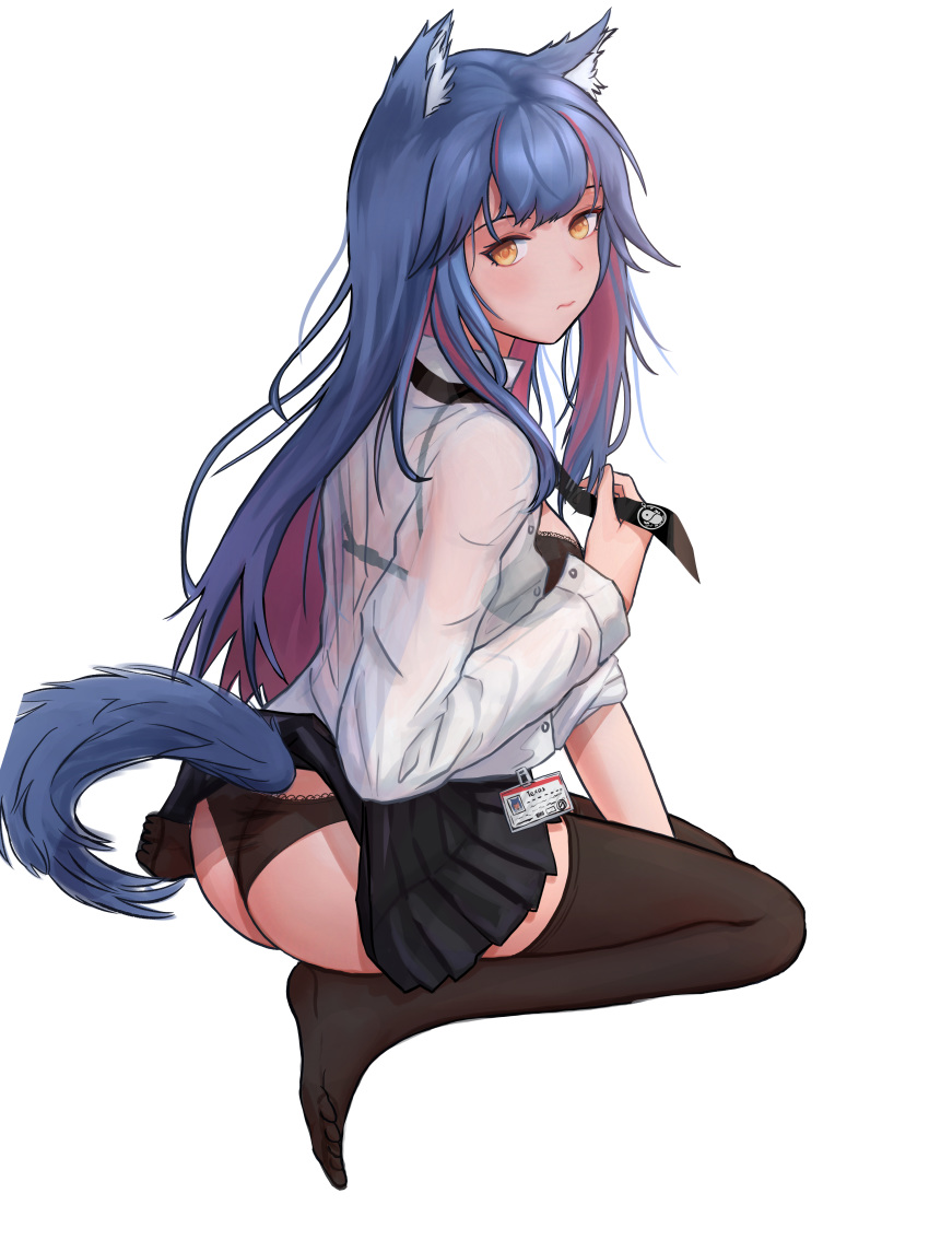 1girl absurdres alternate_costume animal_ear_fluff animal_ears arknights ass bangs black_bra black_legwear black_neckwear black_skirt blue_hair blush bra breasts brown_eyes from_behind highres id_card laozhanshi long_hair long_sleeves looking_at_viewer looking_back medium_breasts miniskirt multicolored_hair necktie no_shoes pleated_skirt redhead revision see-through seiza shirt sidelocks simple_background sitting skirt solo tail texas_(arknights) thigh-highs thighs underwear white_background white_shirt wolf_ears wolf_tail