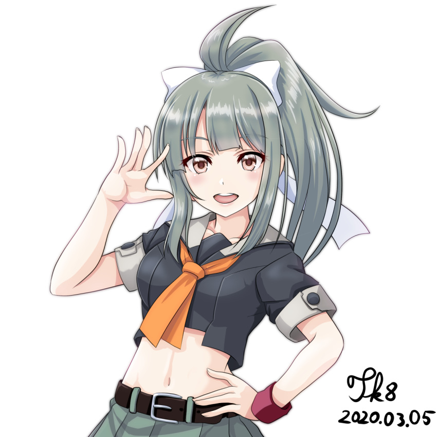 1girl :d bangs belt black_serafuku bow bowtie breasts brown_belt brown_eyes commentary_request dated eyebrows_visible_through_hair green_hair green_skirt hair_bow hand_on_hip hand_up highres kantai_collection looking_at_viewer medium_breasts midriff navel open_hand open_mouth orange_neckwear pleated_skirt ponytail school_uniform serafuku short_sleeves sidelocks signature simple_background skirt smile solo tk8d32 upper_body upper_teeth white_background white_bow wristband yuubari_(kantai_collection)