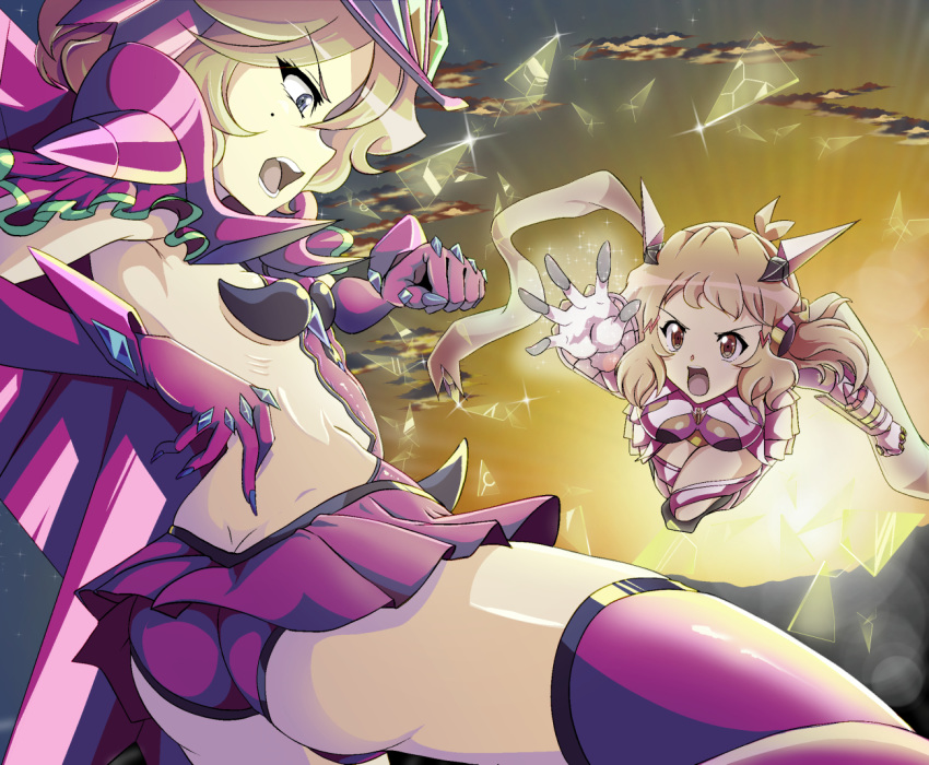 2girls ass blonde_hair blue_eyes breasts brown_hair carol_malus_dienheim eitarou2828 elbow_gloves from_behind gloves hat long_hair medium_breasts mole mole_under_eye multiple_girls open_mouth orange_eyes senki_zesshou_symphogear shiny shiny_hair shiny_skin short_hair side_cutout sideless_outfit small_breasts tachibana_hibiki_(symphogear) teeth thigh-highs