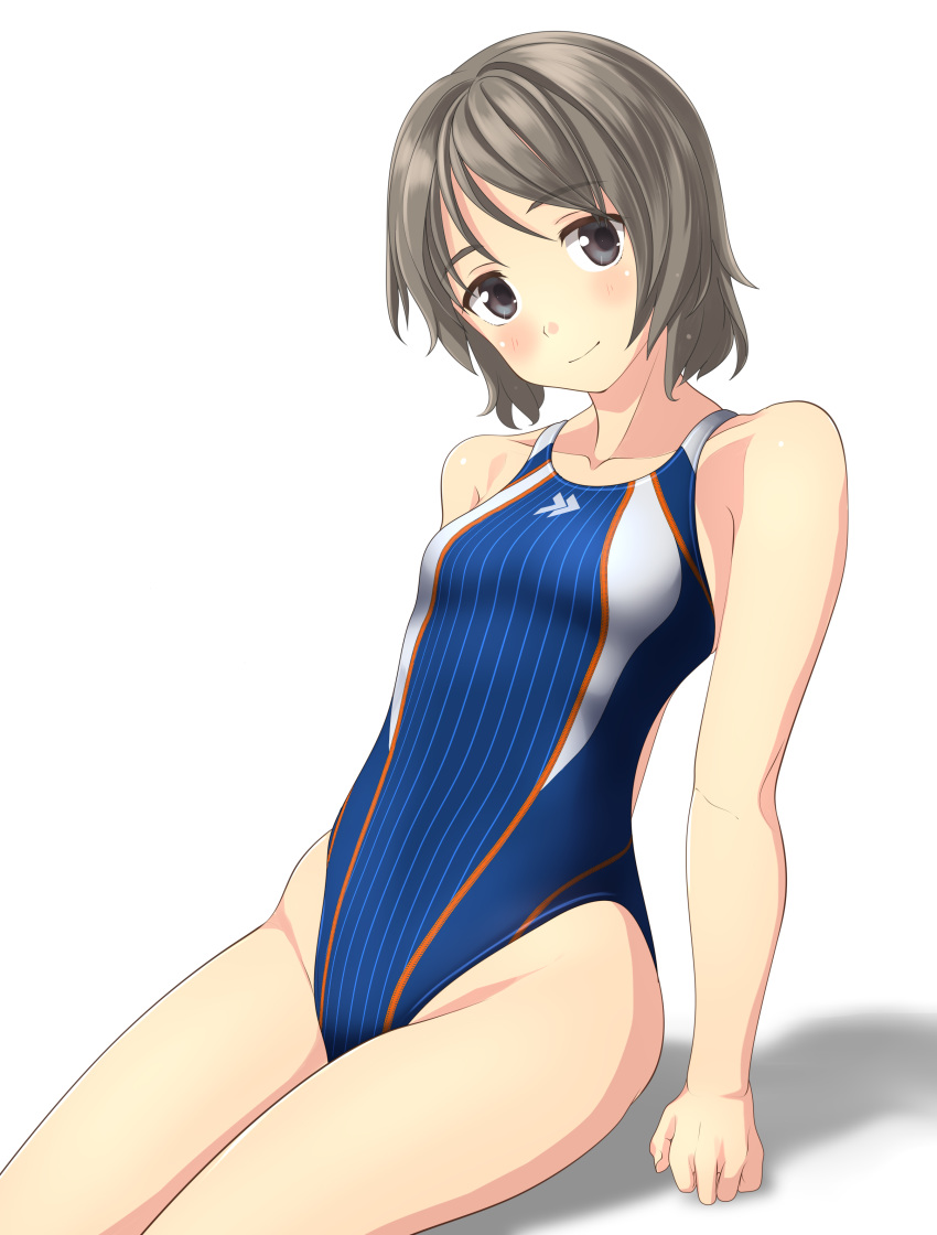 1girl absurdres black_eyes blue_sky blue_swimsuit breasts collarbone commentary_request competition_swimsuit cowboy_shot grey_hair highleg highleg_swimsuit highres looking_at_viewer one-piece_swimsuit original parted_lips short_hair simple_background sitting sky small_breasts smile solo swimsuit takafumi wavy_hair white_background