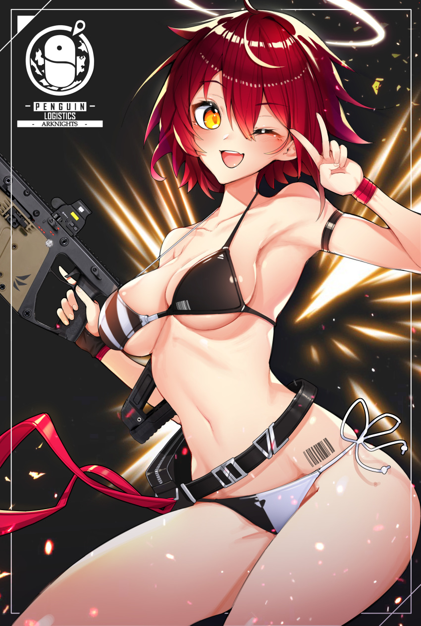 1girl ;d absurdres arknights arm_strap armpits bangs barcode_tattoo bare_arms bare_shoulders belt bikini black_background black_belt black_bikini blush breasts collarbone commentary_request copyright_name cowboy_shot exusiai_(arknights) eyebrows_visible_through_hair gun hair_between_eyes halo hand_up highres holding holding_gun holding_weapon korean_commentary kyudong. looking_at_viewer medium_breasts multicolored multicolored_bikini multicolored_clothes navel one_eye_closed open_mouth partial_commentary pouch redhead short_hair side-tie_bikini smile solo stomach strap_gap swimsuit tattoo thighs trigger_discipline v weapon white_bikini wristband yellow_eyes