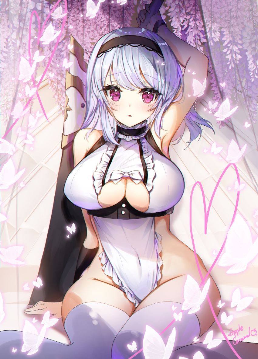 1girl absurdres apple_caramel apron azur_lane blush breasts covered_navel dido_(azur_lane) eyebrows_visible_through_hair flower hair_between_eyes hairband heart highres large_breasts looking_at_viewer naked_apron open_mouth silver_hair simple_background violet_eyes white_apron white_legwear