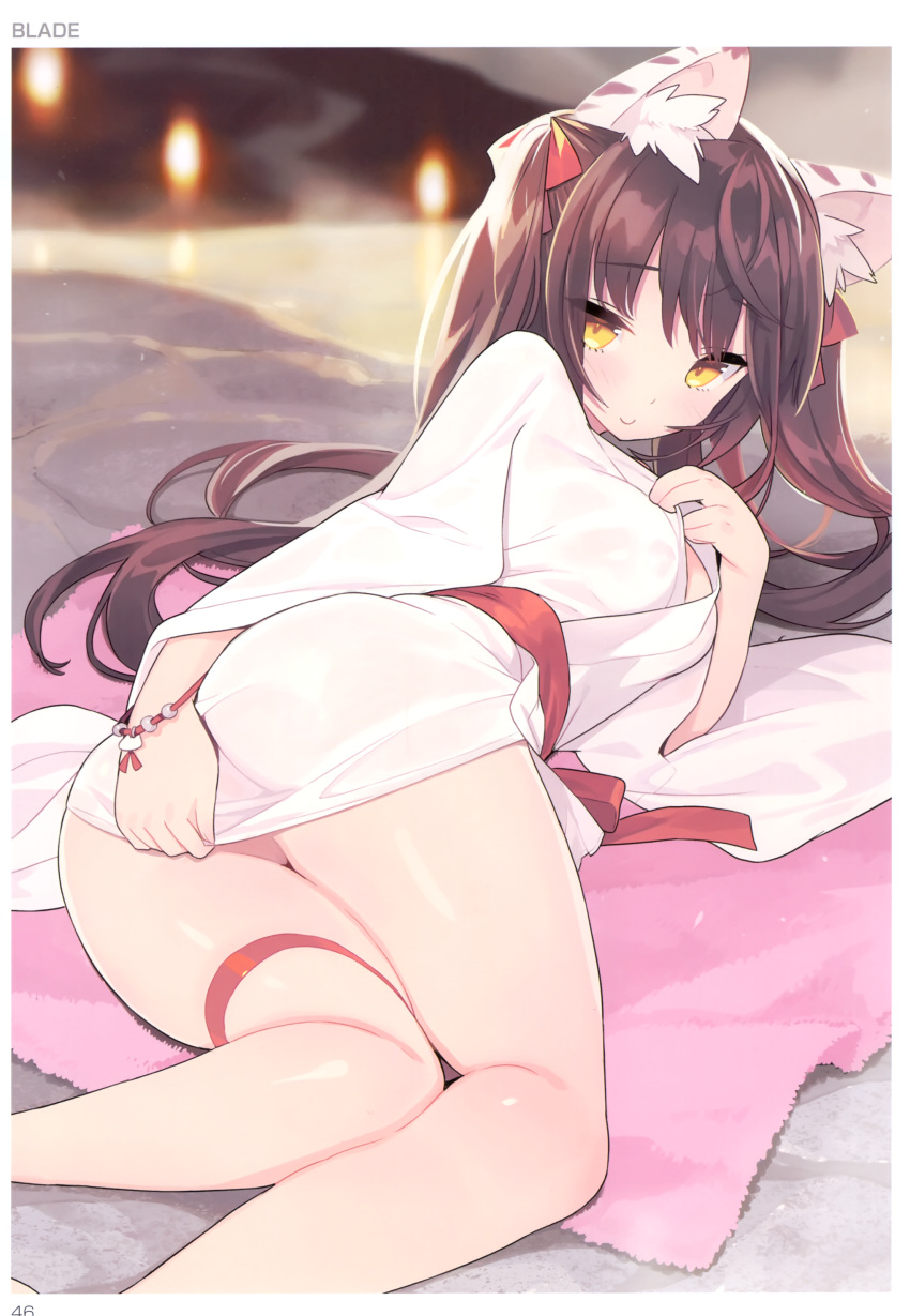 1girl absurdres animal_ear_fluff animal_ears artist_name ass bangs bath bath_yukata blade_(galaxist) blush border bracelet breasts brown_hair cat_ears cat_girl closed_mouth clothes_tug covering covering_ass eyebrows_visible_through_hair eyelashes from_behind highres japanese_clothes jewelry kimono leg_strap long_hair long_sleeves looking_at_viewer looking_back lying medium_breasts obi on_side onsen original page_number rock sash sidelocks smile solo steam thighlet thighs toranoana twintails very_long_hair water white_border yellow_eyes yukata