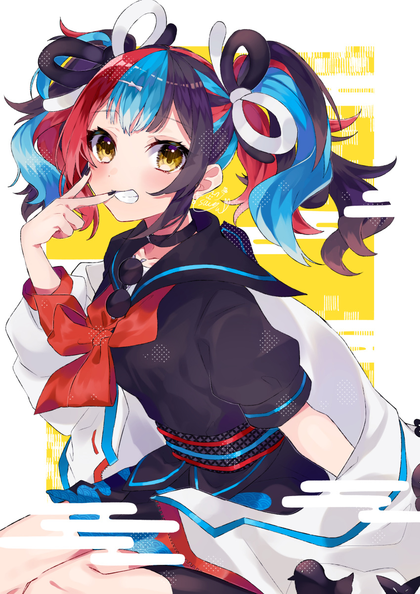 1girl absurdres black_hair black_nails blue_hair cha_sakura choker eyewear_removed fate/grand_order fate_(series) highres japanese_clothes multicolored_hair redhead sailor_collar sei_shounagon_(fate) sitting smile solo sunglasses twintails yellow_eyes