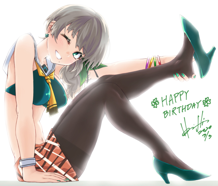 1girl backlighting black_legwear bracelet commentary_request earrings four-leaf_clover_earrings full_body green_eyes green_nails grin hair_ribbon happy_birthday high_heels hinamizawa_kurumi holding_own_foot hori_shin jewelry looking_at_viewer mole mole_under_mouth nail_polish pantyhose plaid plaid_skirt ponytail pygmalion._(group) ribbon sailor_collar simple_background sitting skirt smile solo virtual_youtuber white_background