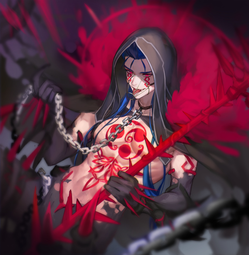 1boy black_cape black_gloves blue_hair cape chain chest_tattoo cowboy_shot cu_chulainn_(fate)_(all) cu_chulainn_alter_(fate/grand_order) elbow_gloves fate/grand_order fate_(series) fengyin_shici_guozi gae_bolg gloves hair_strand highres holding holding_weapon hood long_hair looking_at_viewer male_focus muzzle red_eyes sharp_teeth smile solo spikes tattoo teeth tongue tongue_out weapon