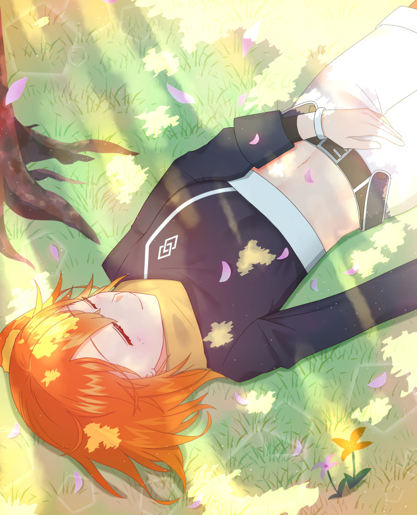 1girl ahoge akuyaku bangs belt black_belt blue_shirt bodysuit_under_clothes breasts commentary_request cowboy_shot crop_top day eyebrows_visible_through_hair falling_petals fate/grand_order fate_(series) flower fujimaru_ritsuka_(female) grass hair_ornament hair_scrunchie hand_on_own_thigh highres lens_flare light_rays long_sleeves lying medium_breasts midriff navel on_back on_grass one_side_up orange_hair orange_scarf orange_scrunchie petals scarf scrunchie shade shirt shorts sidelocks sleeping smile solo sunbeam sunlight tree true_ether_chaldea_uniform white_shorts wristband