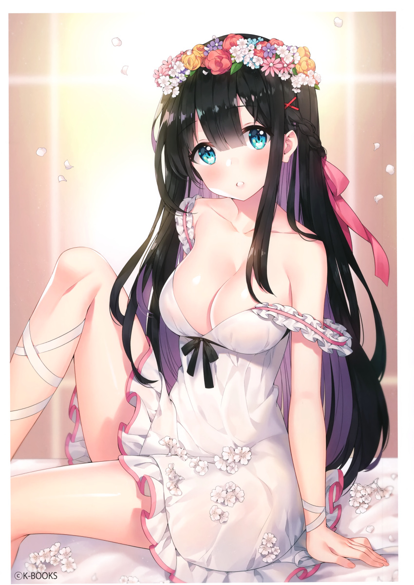 1girl absurdres arm_support ayamy bangs black_hair blue_eyes collarbone dress head_wreath highres lips long_hair looking_at_viewer off_shoulder original parted_lips scan shiny shiny_hair shiny_skin short_dress simple_background sleeveless sleeveless_dress white_dress