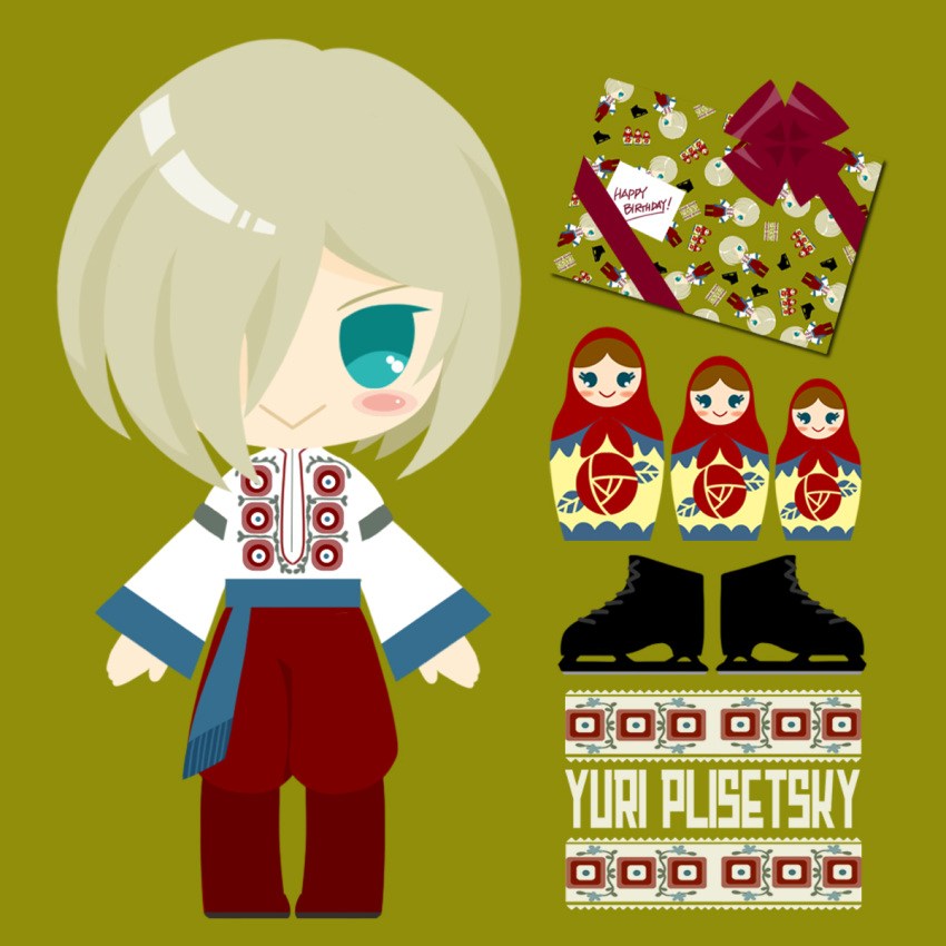 1boy :&gt; blonde_hair character_name chibi gift green_eyes hair_over_one_eye happy_birthday highres ice_skates kaorin_minogue male_focus matryoshka_doll pants red_pants russian_clothes sash skates yellow_background yuri!!!_on_ice yuri_plisetsky