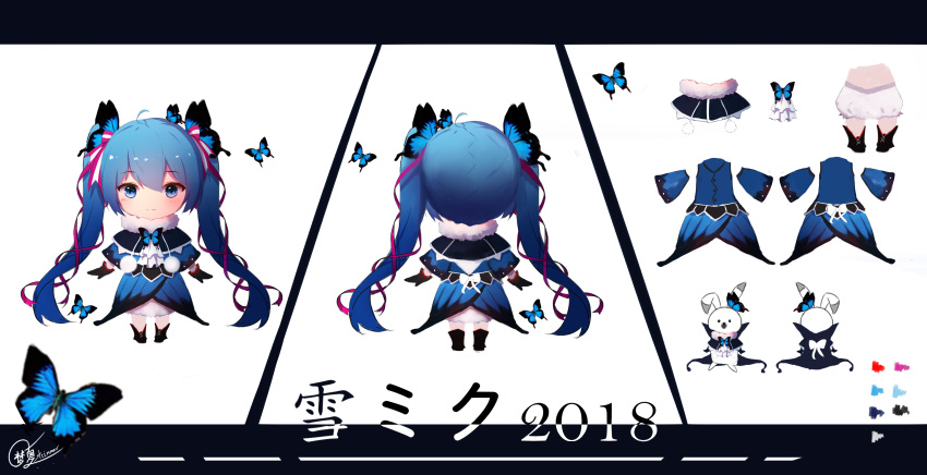 1girl 2018 absurdres bloomers blue_butterfly blue_capelet blue_dress blue_eyes blue_hair blue_sleeves bug butterfly butterfly_dress butterfly_hair_ornament capelet character_name character_sheet chibi chinese_commentary cloak color_guide commentary cowboy_shot detached_sleeves dress expressionless from_behind fur-trimmed_capelet fur_trim gloves hair_ornament hair_ribbon hatsune_miku highres insect long_hair looking_at_viewer pom_poms rabbit rabbit_yukine ribbon shimmer signature twintails underwear very_long_hair vocaloid yuki_miku
