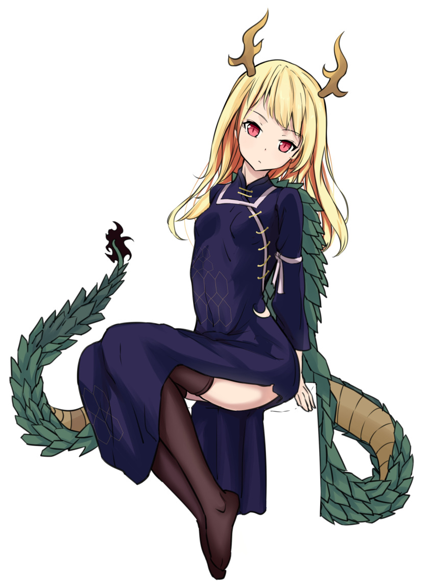 1girl absurdres bangs black_legwear blonde_hair china_dress chinese_clothes dragon_girl dragon_horns dragon_tail dress full_body highres horns kaoshuzi kicchou_yachie leaning_to_the_side long_hair long_sleeves looking_at_viewer red_eyes ribbon-trimmed_sleeves ribbon_trim side_slit sitting solo tail thigh-highs touhou white_background