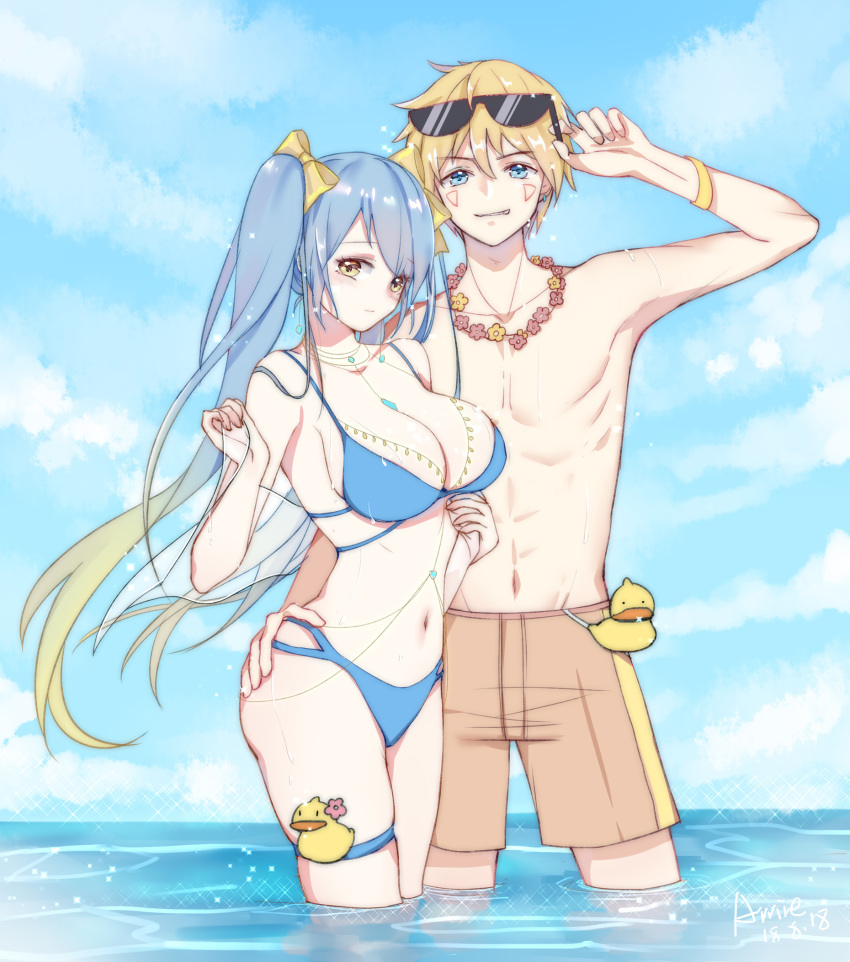 1boy 1girl amiemie arm_up bikini blonde_hair blue_bikini blue_eyes blue_hair blue_sky blush bow braco closed_mouth clouds cloudy_sky collarbone dated earrings eyebrows_visible_through_hair eyewear_on_head ezreal facial_mark fingernails flower flower_necklace gradient gradient_hair hair_between_eyes hair_bow highres holding jewelry league_of_legends male_swimwear multicolored multicolored_hair navel necklace ocean parted_lips partially_submerged red_flower rubber_duck signature sky smile sona_buvelle sparkle standing sunglasses swim_trunks swimsuit swimwear thigh_strap twintails water wet yellow_bow yellow_eyes yellow_flower