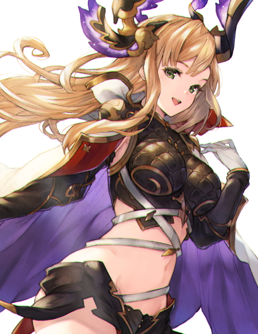 1girl armor armpit_crease blonde_hair breastplate breasts cape cowboy_shot crop_top floating_hair gloves gold_trim granblue_fantasy green_eyes hand_up headdress highres koretsuki_azuma large_breasts long_hair looking_at_viewer midriff miniskirt navel open_mouth skirt sleeveless smile solo song_(granblue_fantasy) stomach strap white_gloves