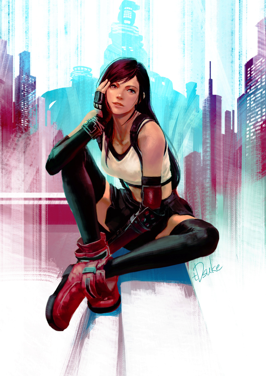 1girl ankle_boots black_hair black_legwear black_skirt boots breasts chin_rest cityscape crop_top elbow_gloves final_fantasy final_fantasy_vii final_fantasy_vii_remake fingerless_gloves full_body gloves highres lips long_hair looking_at_viewer low-tied_long_hair medium_breasts nose red_eyes red_footwear signature single_elbow_pad sitting skirt solo sports_bra suspender_skirt suspenders tdsuke thigh-highs tifa_lockhart white_tank_top zettai_ryouiki