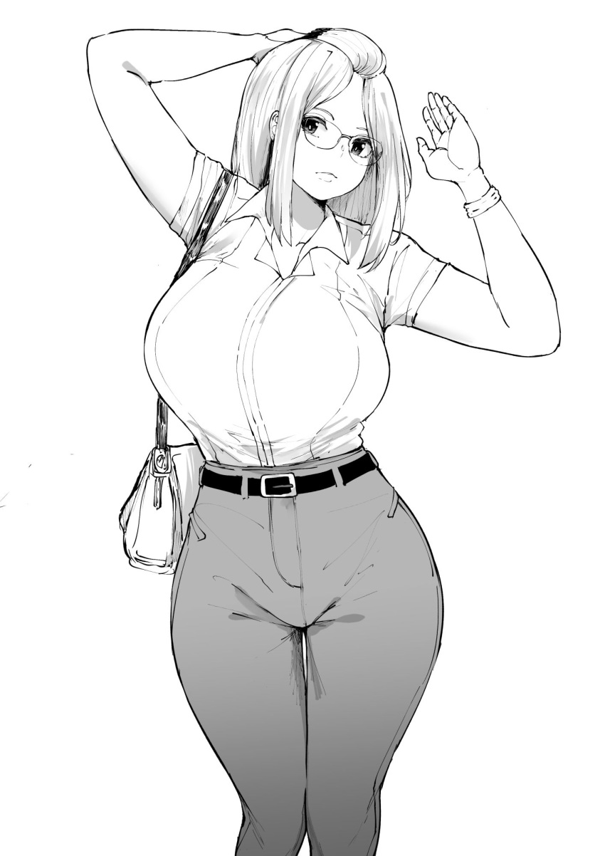 1girl arms_up bag bangs_pinned_back belt black_belt bracelet breasts casual closed_mouth collared_shirt curvy english_commentary folded_hair glasses greyscale hair_pulled_back hand_behind_head handbag highres inne_sulistya_robin jewelry large_breasts looking_at_viewer monochrome norman_maggot original pants shirt short_sleeves standing white_shirt wide_hips