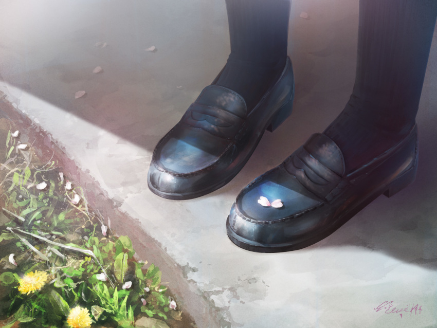 1girl black_legwear cherry_blossoms close-up commentary_request dandelion feet_only flower hachiya_shohei highres loafers original shoes signature socks solo