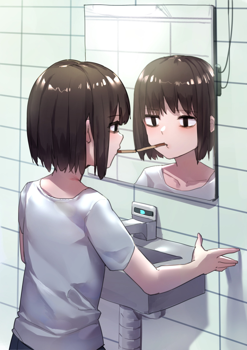 1girl absurdres bags_under_eyes bathroom black_hair commentary english_commentary food food_in_mouth highres indoors lonely looking_at_mirror mirror mouth_hold mr.lime original pocky pocky_kiss reflection shirt short_hair sink solo t-shirt |_|