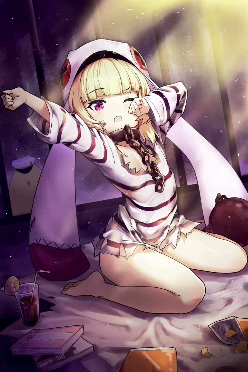 1girl absurdres azur_lane ball_and_chain_restraint blonde_hair chain cocktail_glass cuffs cup drinking_glass eyebrows_visible_through_hair grozny_(bad_bunny_behind_bars)_(azur_lane) hat highres long_hair long_sleeves looking_at_viewer one_eye_closed open_mouth pg_(pege544) prison_clothes shackles shirt solo striped striped_shirt violet_eyes white_headwear