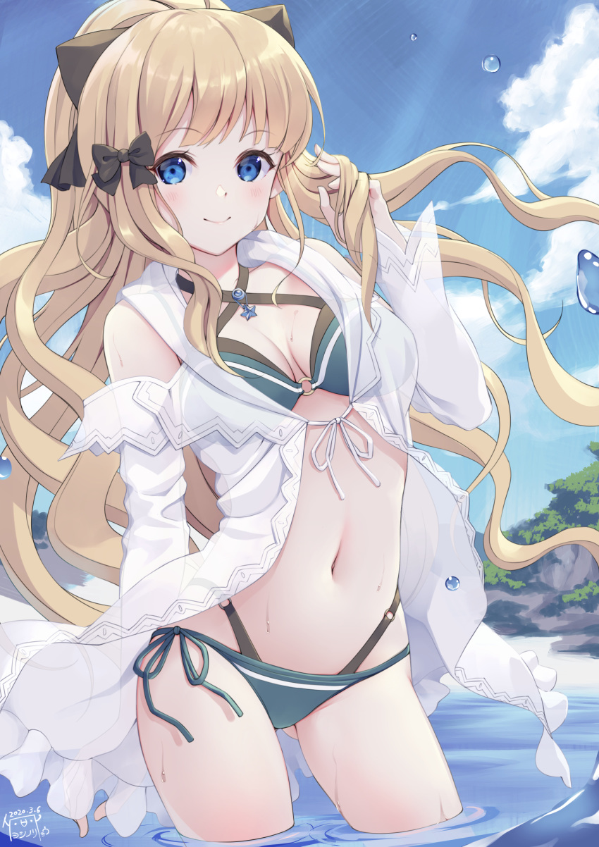 1girl aqua_bikini bangs bikini black_bow blonde_hair blue_eyes blue_sky bow criss-cross_halter day eyebrows_visible_through_hair halterneck highres layered_bikini long_hair looking_at_viewer navel o-ring o-ring_bikini open_clothes open_shirt outdoors princess_connect! princess_connect!_re:dive sasaki_saren see-through sheer_clothes shoulder_cutout sky smile solo standing swimsuit water yoshino_ryou