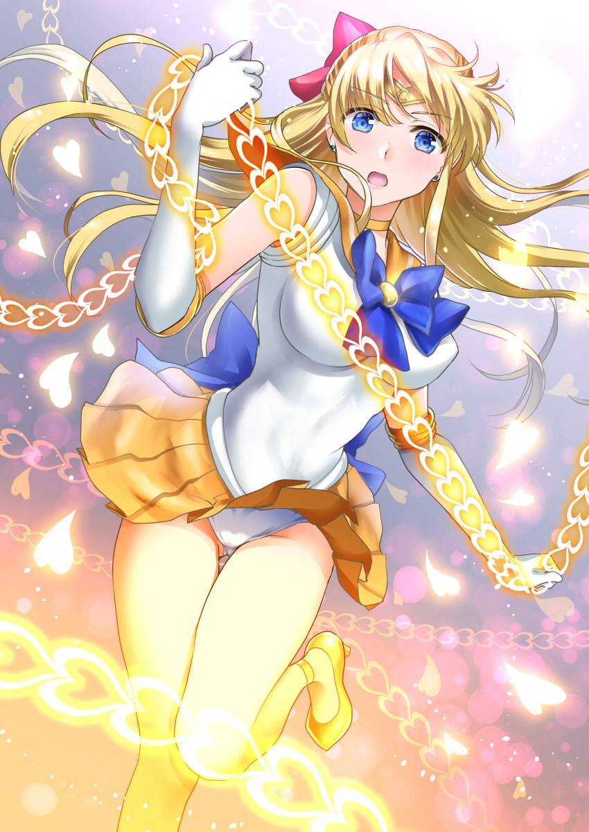 1girl :o absurdres aino_minako back_bow bishoujo_senshi_sailor_moon blonde_hair blue_bow blue_eyes bow brooch choker circlet cowboy_shot elbow_gloves gloves gradient gradient_background grey_background hair_bow heart highres hikaru_(gevp7588) jewelry leotard long_hair looking_at_viewer magical_girl miniskirt open_mouth orange_footwear orange_neckwear orange_sailor_collar orange_skirt pleated_skirt red_bow sailor_collar sailor_senshi_uniform sailor_venus serious shoes skirt skirt_flip solo standing standing_on_one_leg venus_love_me_chain white_background white_gloves white_leotard