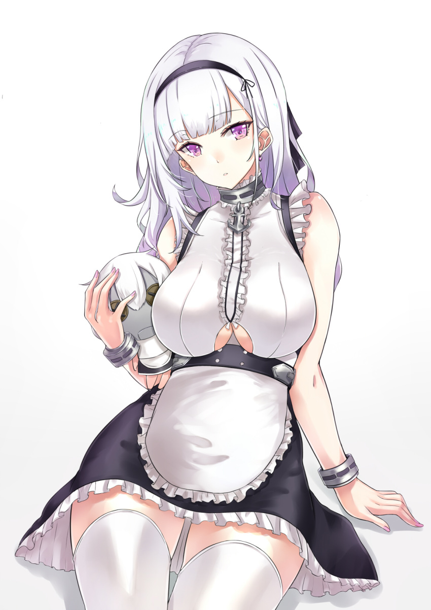 1girl apron asya azur_lane bangs bare_shoulders black_hairband blush breasts character_doll cleavage_cutout dido_(azur_lane) earrings eyebrows_visible_through_hair frills hairband highres jewelry large_breasts long_hair looking_at_viewer maid silver_hair sleeveless solo thigh-highs under_boob underboob_cutout violet_eyes waist_apron white_apron white_hair white_legwear