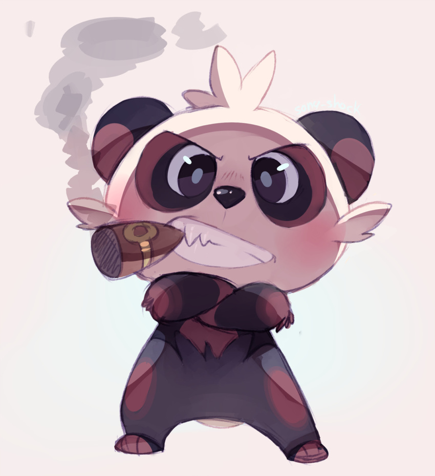 cigar commentary creature crossed_arms english_commentary full_body gen_6_pokemon highres looking_at_viewer no_humans pancham panda pokemon pokemon_(creature) simple_background smoke solo sony-shock standing white_background