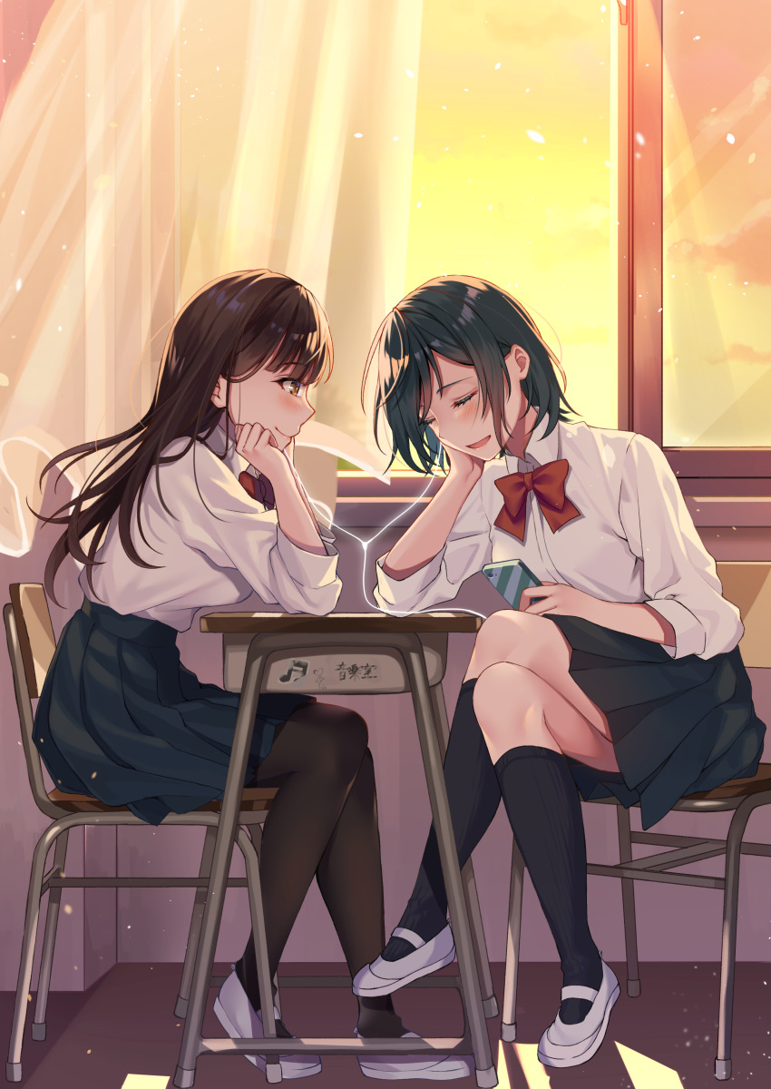2girls :d absurdres bangs black_hair black_legwear black_skirt blush brown_eyes brown_hair brown_legwear cellphone chair closed_eyes closed_mouth collared_shirt commentary_request crossed_legs curtains desk diagonal_stripes dress_shirt earphones eyebrows_visible_through_hair highres hizuki_higure holding holding_cellphone holding_phone indoors kneehighs long_hair looking_at_another multiple_girls on_chair open_mouth original pantyhose phone pleated_skirt profile school_chair school_desk school_uniform shared_earphones shirt shoes sitting skirt smile striped sunset uwabaki very_long_hair white_footwear white_shirt window