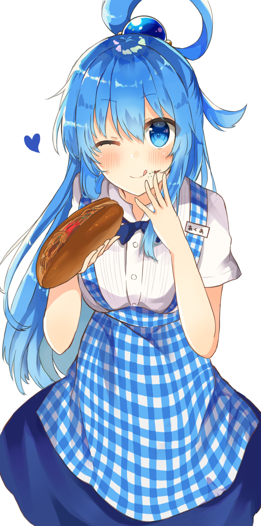 1girl absurdres apron aqua_(konosuba) bangs blue_apron blue_eyes blue_hair blue_neckwear blue_ribbon blush breasts commentary_request eyebrows_visible_through_hair food highres holding holding_food kobeya kono_subarashii_sekai_ni_shukufuku_wo! koubeya_uniform long_hair one_eye_closed ribbon shirt short_sleeves simple_background tongue tongue_out white_background white_shirt yuno_(suke_yuno)