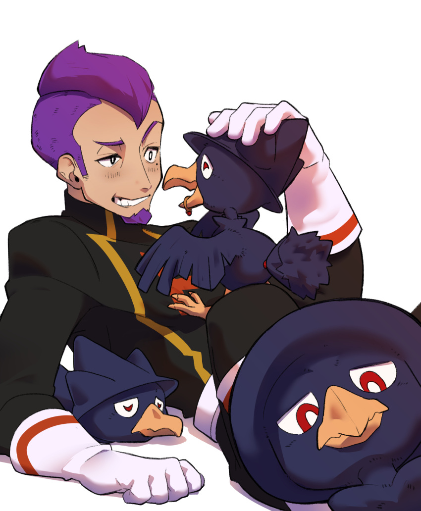 1boy belt bird black_eyes black_jacket blush bright_pupils commentary_request facial_hair gloves hand_up headpat highres jacket looking_at_viewer male_focus murkrow petrel_(pokemon) pokemon pokemon_(creature) pokemon_(game) pokemon_hgss purple_hair red_eyes short_hair smile team_rocket team_rocket_uniform undercut wanineko2001 white_belt white_gloves white_pupils