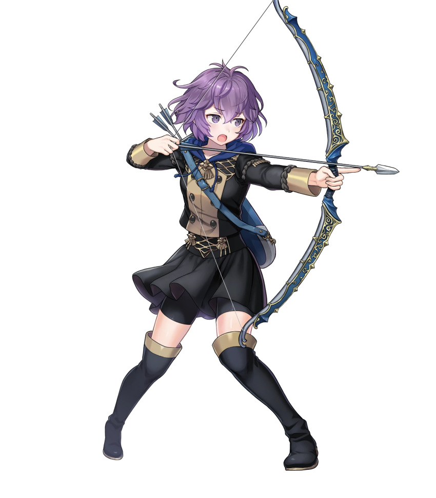 1girl arrow bernadetta_von_varley boots bow_(weapon) epaulettes fire_emblem fire_emblem:_three_houses fire_emblem_heroes full_body highres official_art open_mouth purple_hair short_hair solo thigh-highs transparent_background violet_eyes weapon