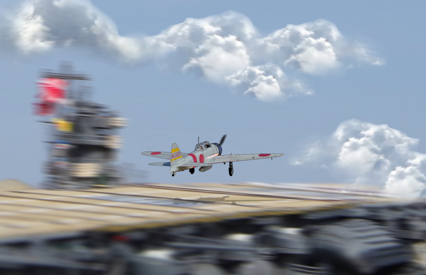 a6m_zero absurdres aircraft aircraft_carrier airplane clouds day flight_deck highres imperial_japanese_navy military military_vehicle ocean original ship sky soranokakera01 taking_off warship watercraft weapon world_war_ii