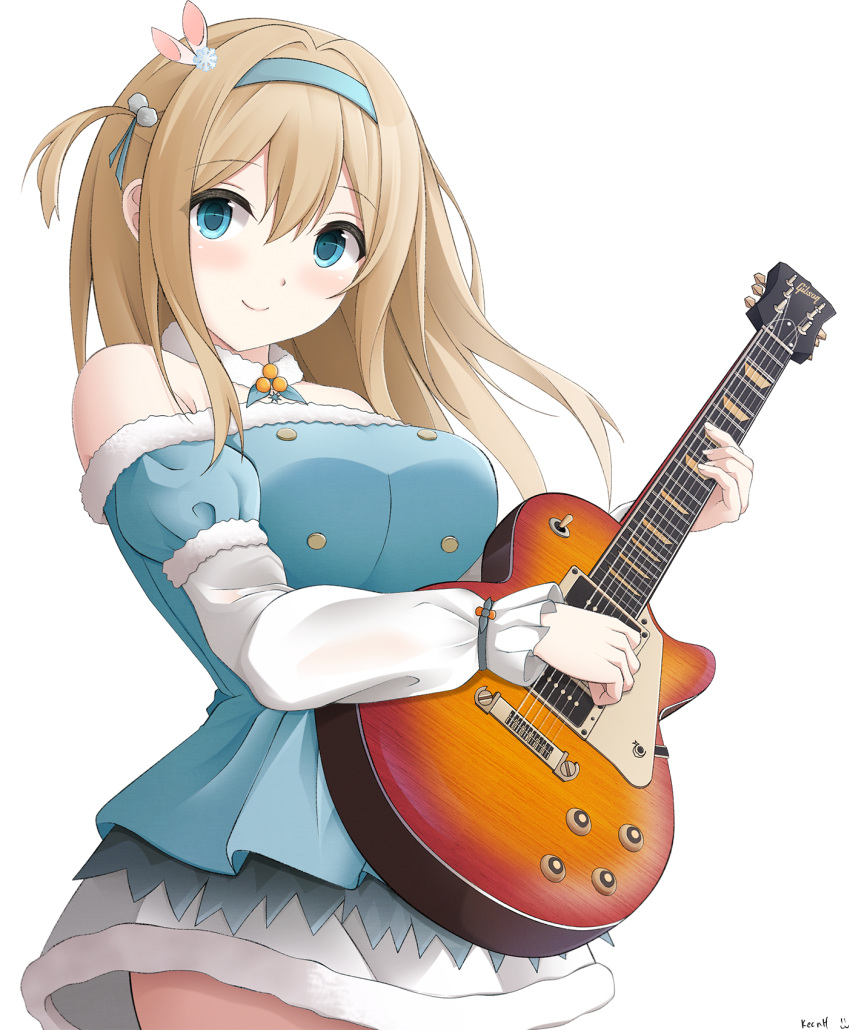 1girl bangs blue_dress blue_eyes blue_hairband blush breasts brown_hair closed_mouth commentary_request dress eyebrows_visible_through_hair fur-trimmed_dress fur-trimmed_sleeves fur_trim girls_frontline guitar hair_between_eyes hair_ornament hairband highres holding holding_instrument instrument keenh long_hair long_sleeves looking_at_viewer medium_breasts one_side_up puffy_short_sleeves puffy_sleeves short_over_long_sleeves short_sleeves simple_background sleeves_past_wrists smile snowflake_hair_ornament solo strapless strapless_dress suomi_kp31_(girls_frontline) white_background