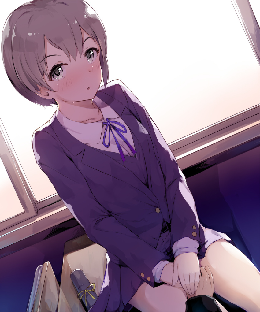 1girl :o backlighting black_jacket black_skirt blazer blue_ribbon blush brown_hair chair collared_shirt commentary_request day desk dutch_angle grey_eyes hands_together highres idolmaster idolmaster_cinderella_girls idolmaster_cinderella_girls_starlight_stage indoors jacket looking_at_viewer neck_ribbon on_desk otokura_yuuki parted_lips pleated_skirt pov ribbon school_chair school_desk seneto shirt sitting sitting_on_desk skirt solo_focus sunlight sweater_vest tube white_shirt window yellow_ribbon
