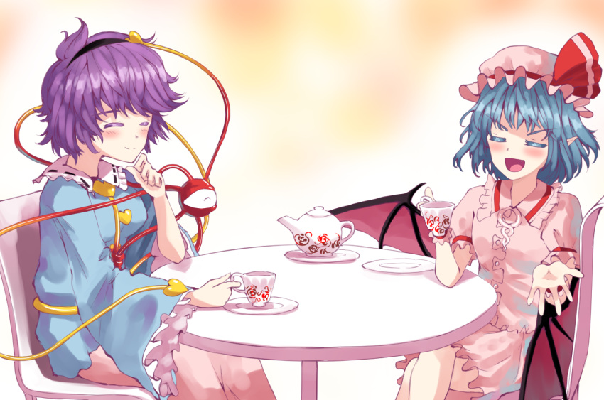 2girls abstract_background arm_up bat_wings blue_skirt blush chair closed_eyes colored_eyelashes commentary_request crossed_legs cup fang frilled_sleeves frills gradient gradient_background hair_ornament hairband hat hat_ribbon heart heart_hair_ornament holding holding_cup komeiji_satori long_sleeves mob_cap multiple_girls open_mouth pink_headwear pink_shirt pink_skirt pointy_ears purple_hair remilia_scarlet ribbon saucer shirt short_hair sitting skirt skirt_set smile sunyup table teacup teapot third_eye touhou wide_sleeves wings wrist_cuffs