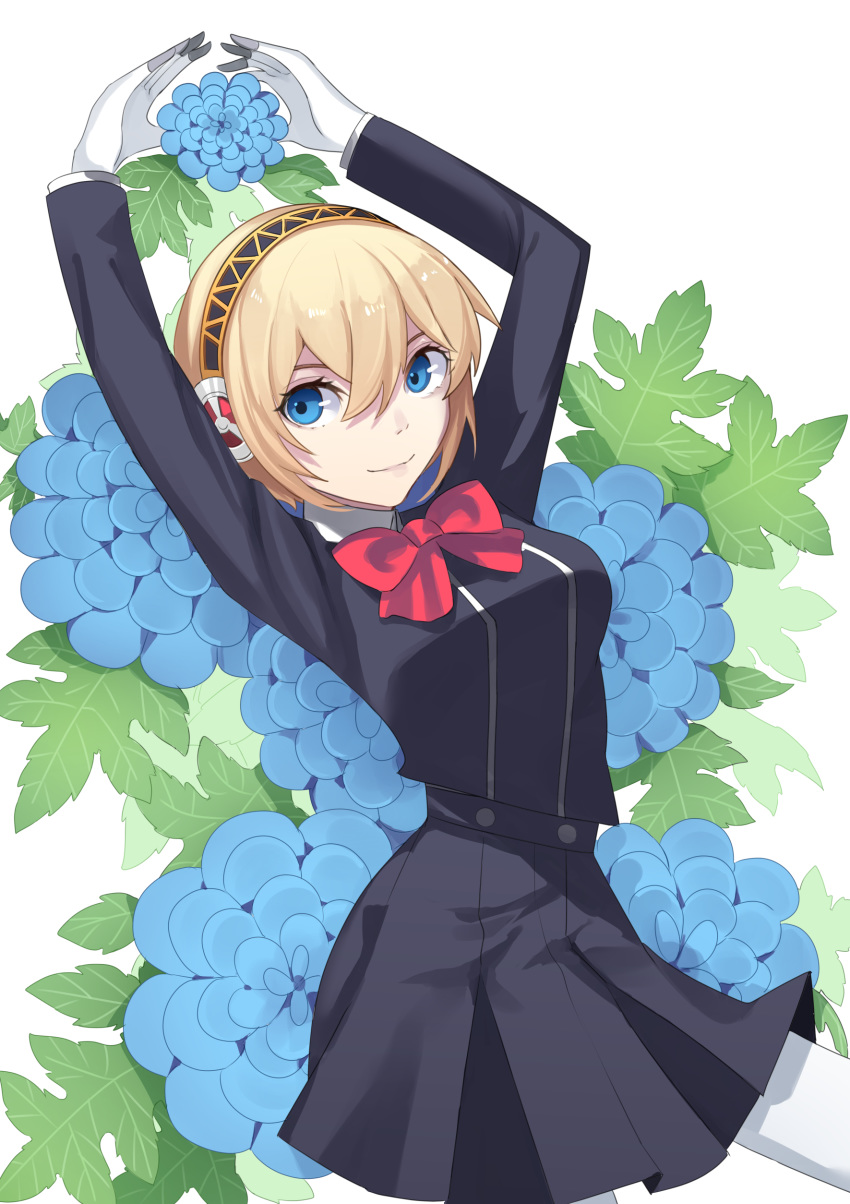 1girl absurdres aegis_(persona) android blonde_hair blue_eyes bow breasts closed_mouth highres kuki_tan looking_at_viewer persona persona_3 ribbon school_uniform short_hair skirt smile solo