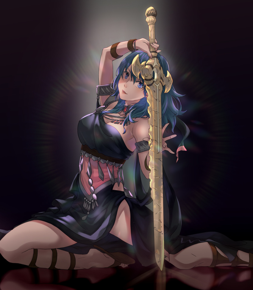 1girl armlet asao_fodla blue_eyes blue_hair byleth_(fire_emblem) byleth_eisner_(female) dancer dress fire_emblem fire_emblem:_three_houses highres holding holding_sword holding_weapon parted_lips solo sword weapon