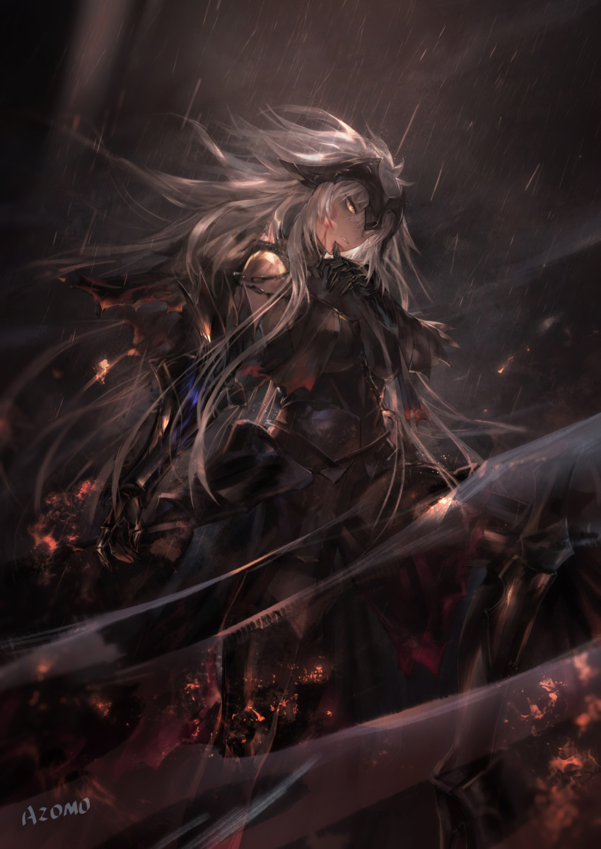 1girl armor armored_dress azomo bangs bare_shoulders black_armor black_capelet breasts capelet chain fate/grand_order fate_(series) gauntlets gloves greaves highres jeanne_d'arc_(alter)_(fate) jeanne_d'arc_(fate)_(all) large_breasts long_hair looking_at_viewer plackart rain silver_hair solo sword weapon yellow_eyes