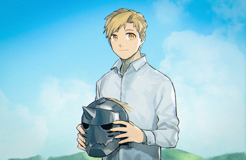 1boy alphonse_elric blonde_hair blue_sky chinese_commentary clouds cloudy_sky collared_shirt commentary_request day doya dress_shirt fingernails fullmetal_alchemist happy helmet highres holding holding_helmet horizon long_sleeves looking_away male_focus mountain mountainous_horizon open_collar outdoors shadow shirt sky smile upper_body white_shirt yellow_eyes