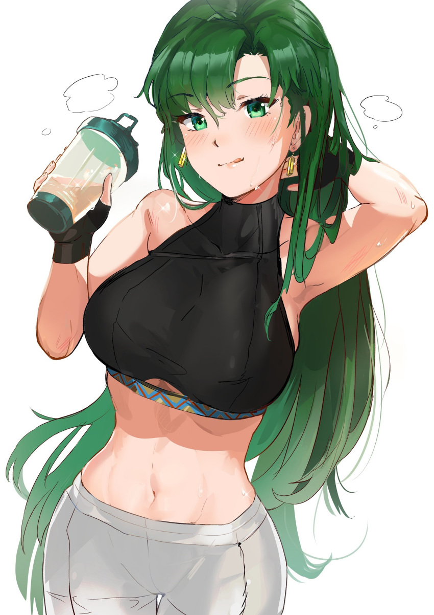 1girl arm_behind_head arm_up armpits bangs bare_shoulders black_gloves breasts covered_collarbone earrings eyebrows_visible_through_hair fingerless_gloves fire_emblem fire_emblem:_the_blazing_blade gloves green_eyes green_hair highres holding jewelry lips long_hair looking_at_viewer lyn_(fire_emblem) medium_breasts midriff navel ormille pants shiny shiny_hair shiny_skin simple_background sleeveless solo stomach sweat sweatdrop tank_top tongue tongue_out white_pants