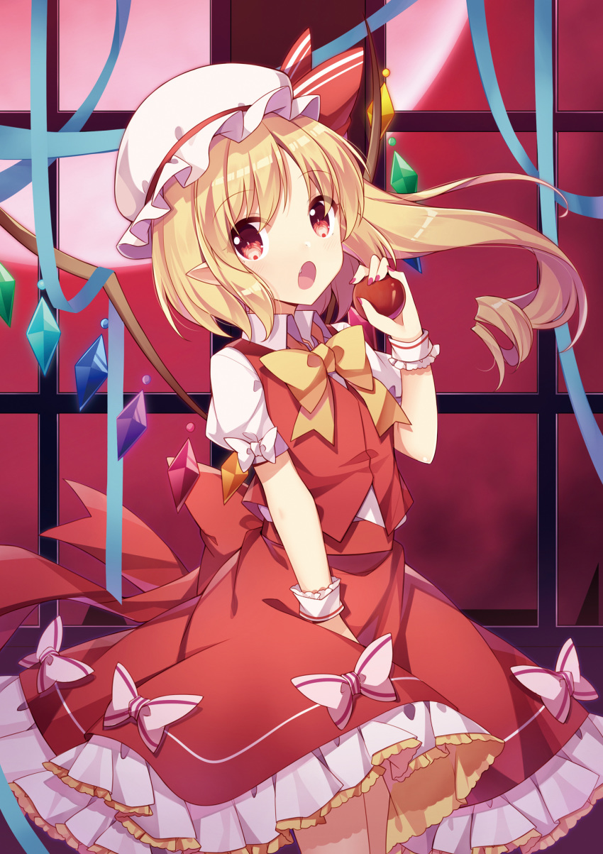 1girl amemiya_ruki apple bangs between_legs blonde_hair blue_ribbon blush bow collared_shirt commentary_request crystal eyebrows_visible_through_hair fang flandre_scarlet food frilled_skirt frills fruit full_moon hair_between_eyes hair_bow hand_between_legs hand_up hat highres holding holding_food indoors long_hair looking_at_viewer mob_cap moon nail_polish open_mouth pointy_ears puffy_short_sleeves puffy_sleeves purple_nails red_apple red_bow red_eyes red_skirt red_vest ribbon ringlets shirt short_sleeves side_ponytail sidelocks skirt solo touhou very_long_hair vest white_bow white_headwear white_shirt window wings wrist_cuffs