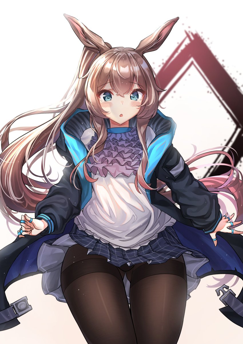 1girl :o absurdres amiya_(arknights) animal_ears arknights ass_visible_through_thighs bangs black_jacket black_legwear blue_eyes blue_skirt blush brown_hair commentary cowboy_shot eyebrows_visible_through_hair gradient gradient_background grey_background hair_between_eyes highres jacket jewelry long_hair long_sleeves looking_at_viewer mecha_(alswp) miniskirt open_clothes open_jacket pantyhose parted_lips plaid plaid_skirt pleated_skirt ponytail rabbit_ears ring shirt skirt solo standing thighband_pantyhose thighs very_long_hair white_background white_shirt