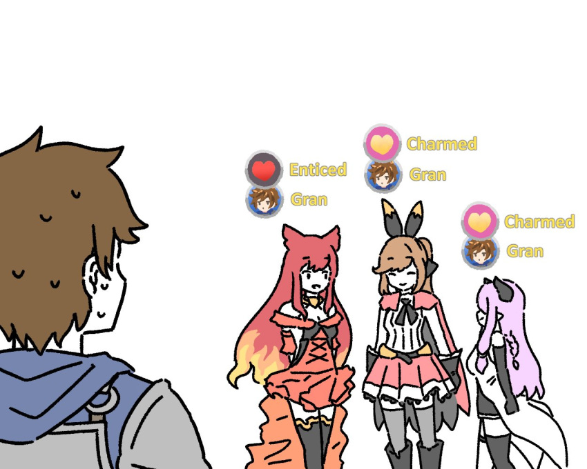 1boy 3girls anthuria arm_guards armor brown_hair chest_plate clarisse_(granblue_fantasy) dorkdragoon draph dress erune gameplay_mechanics gloves gran_(granblue_fantasy) granblue_fantasy hood hoodie multiple_girls narmaya_(granblue_fantasy) pink_hair redhead sketch thigh-highs