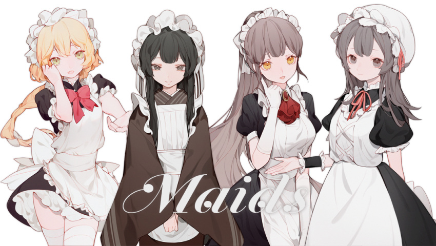 4girls apron bangs black_dress black_hair blonde_hair bow breasts brooch brown_eyes collared_dress cravat dress elbow_gloves english_text frilled_apron frilled_shirt_collar frills gloves green_eyes grey_eyes grey_hair hat japanese_clothes jewelry km2o4 light_brown_hair light_smile long_hair looking_at_viewer maid maid_apron maid_dress maid_headdress medium_breasts mob_cap multiple_girls open_mouth original outstretched_hand puffy_short_sleeves puffy_sleeves red_bow red_neckwear red_ribbon ribbon short_sleeves sidelocks simple_background small_breasts thigh-highs white_apron white_background white_gloves white_headdress white_headwear white_legwear yellow_eyes