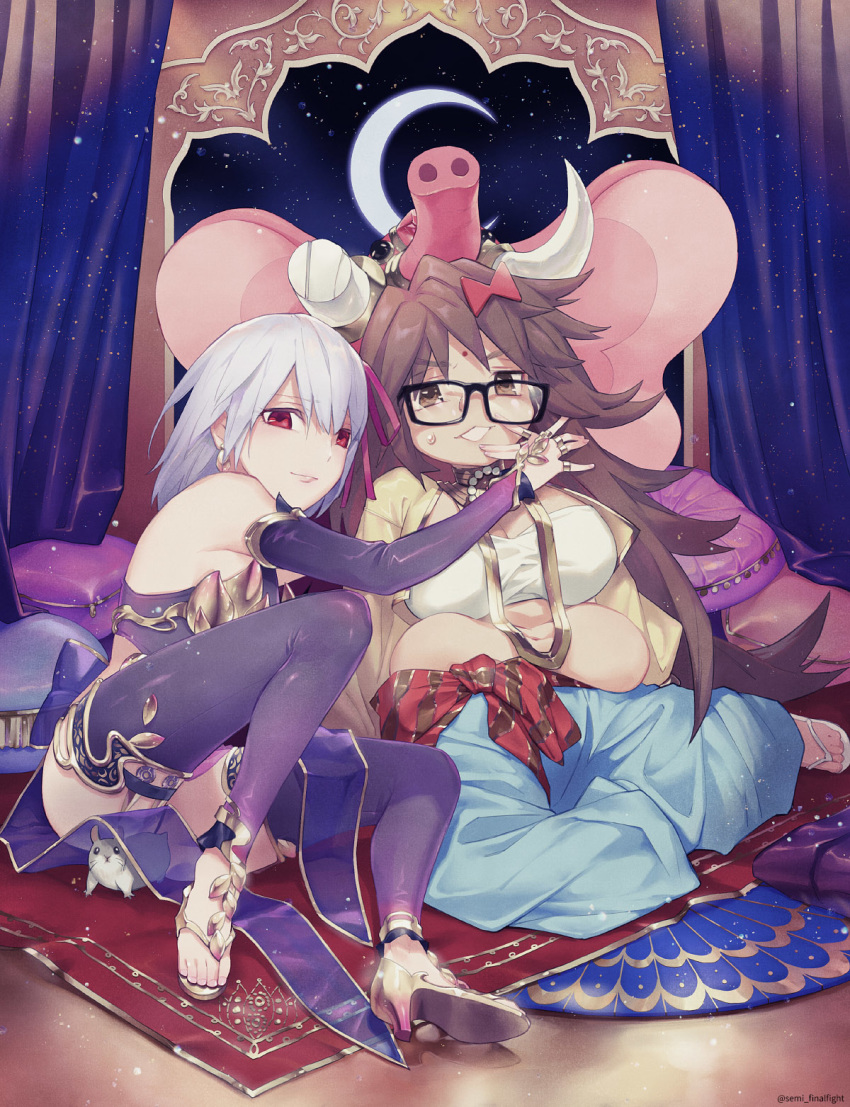 armor artist_request baggy_pants bandeau bangs bare_shoulders belly bikini_armor black-framed_eyewear blue_pants bow breasts brown_eyes brown_hair curtains detached_sleeves dress earrings elephant_hat facial_mark fate/grand_order fate_(series) forehead_mark ganesha_(fate) glasses hair_ribbon hamster highres indian_clothes jewelry jinako_carigiri kama_(fate/grand_order) large_breasts long_hair long_sleeves looking_at_viewer navel open_clothes open_shirt pants parted_lips pillow pink_ribbon plump purple_dress purple_legwear red_bow ribbon ring sandals sash shirt short_hair silver_hair sitting small_breasts smile sweatdrop thigh-highs thigh_strap thighlet yellow_shirt