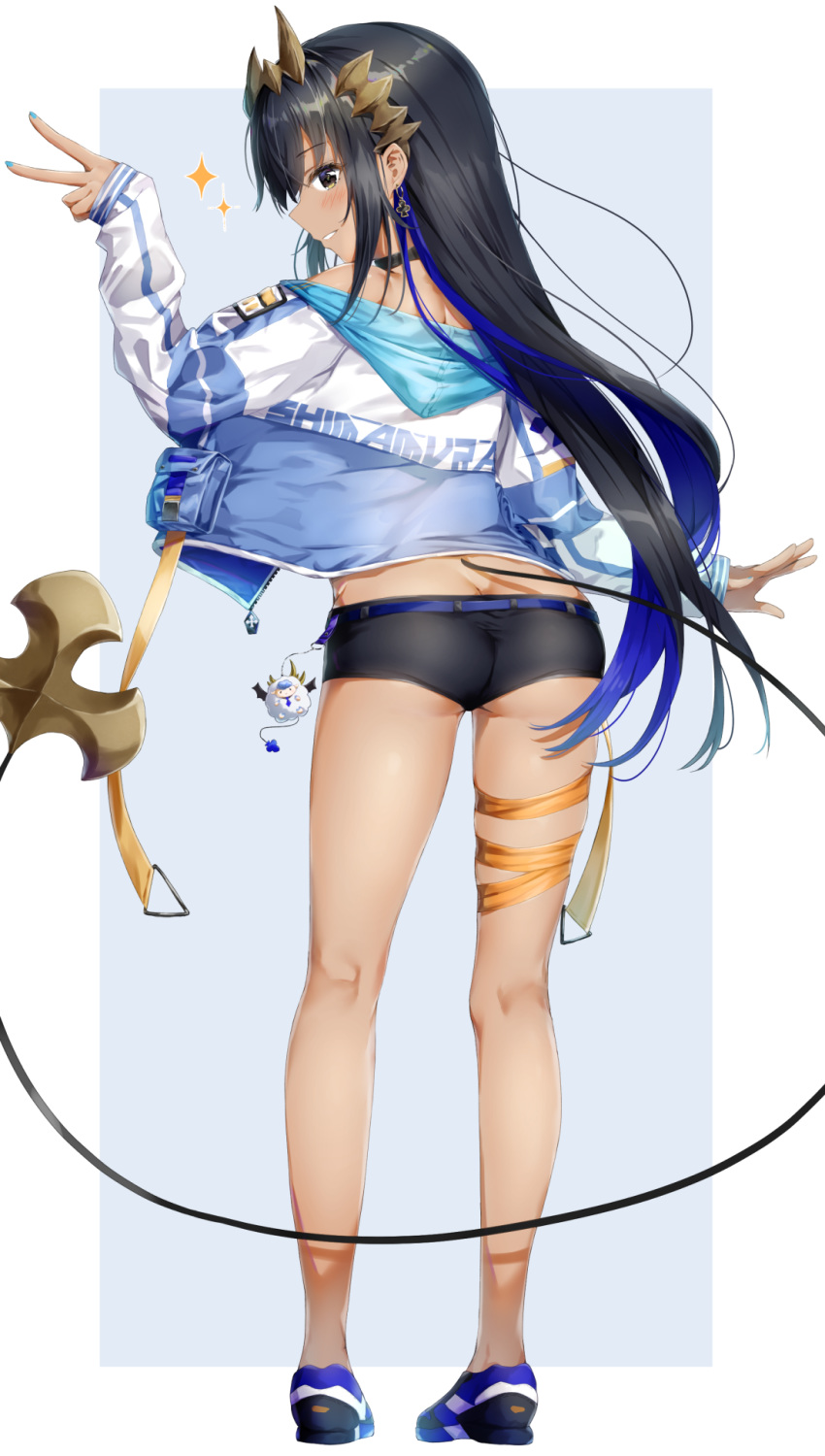 1girl ass bare_legs belt black_footwear black_hair black_shorts blue_background blue_hair blue_jacket blue_nails blush border brown_eyes butt_crack charm_(object) clothes_writing commentary_request dark_skin earrings from_side full_body highres honey_strap jacket jewelry kuria_(clear_trip_second) long_hair long_sleeves looking_at_viewer looking_back multicolored_hair nail_polish open_clothes open_jacket outside_border parted_lips pocket shimamura_charlotte shoes short_shorts shorts simple_background smile solo sparkle standing tail thigh_strap track_jacket two-tone_hair unzipped v very_long_hair virtual_youtuber white_border zipper zipper_pull_tab