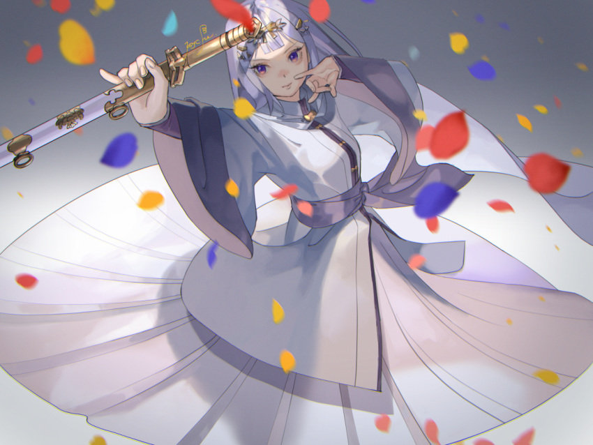 1girl artist_name bangs blunt_bangs confetti grey_background hand_up holding holding_sword holding_weapon long_hair pixiv_fantasia pixiv_fantasia_age_of_starlight psyche_(arcadia) purple_empress_ranrei sheath sheathed standing sword violet_eyes weapon wide_sleeves