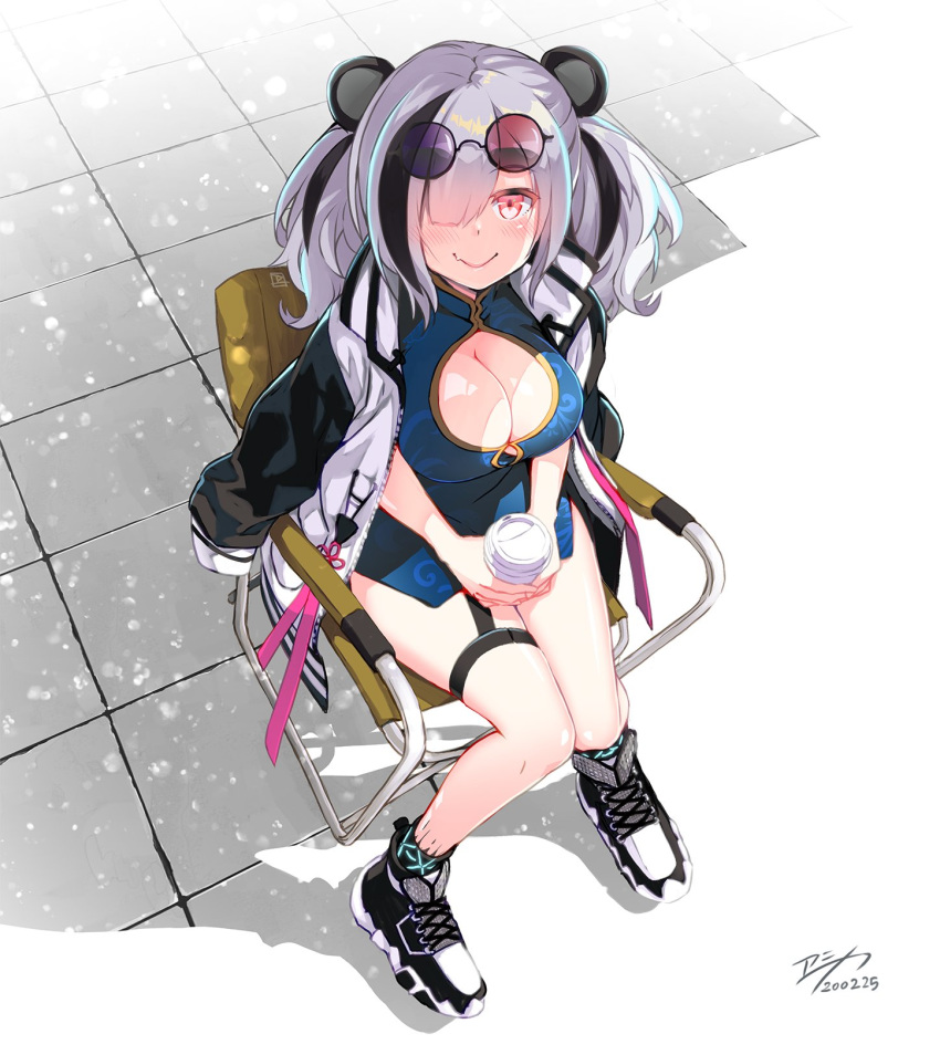 1girl animal_ears arknights blush breasts china_dress chinese_clothes cleavage_cutout dress eyewear_on_head feater_(arknights) highres jacket large_breasts leg_belt looking_at_viewer multicolored_hair panda_ears purple-tinted_eyewear round_eyewear smile solo streaked_hair sunglasses two-tone_coat two-tone_jacket weshika
